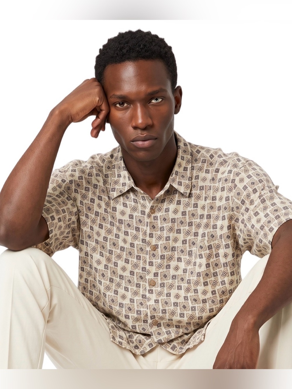 Roundtree & Yorke Beige Patterned Casual Button Down Shirt
